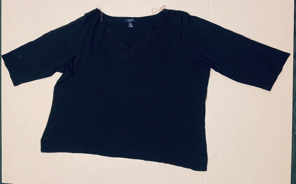 3X Chaps Womens T-Shirt Black V-Neck 3/4 Sleeve Lacey Neckline Knit Top EUC